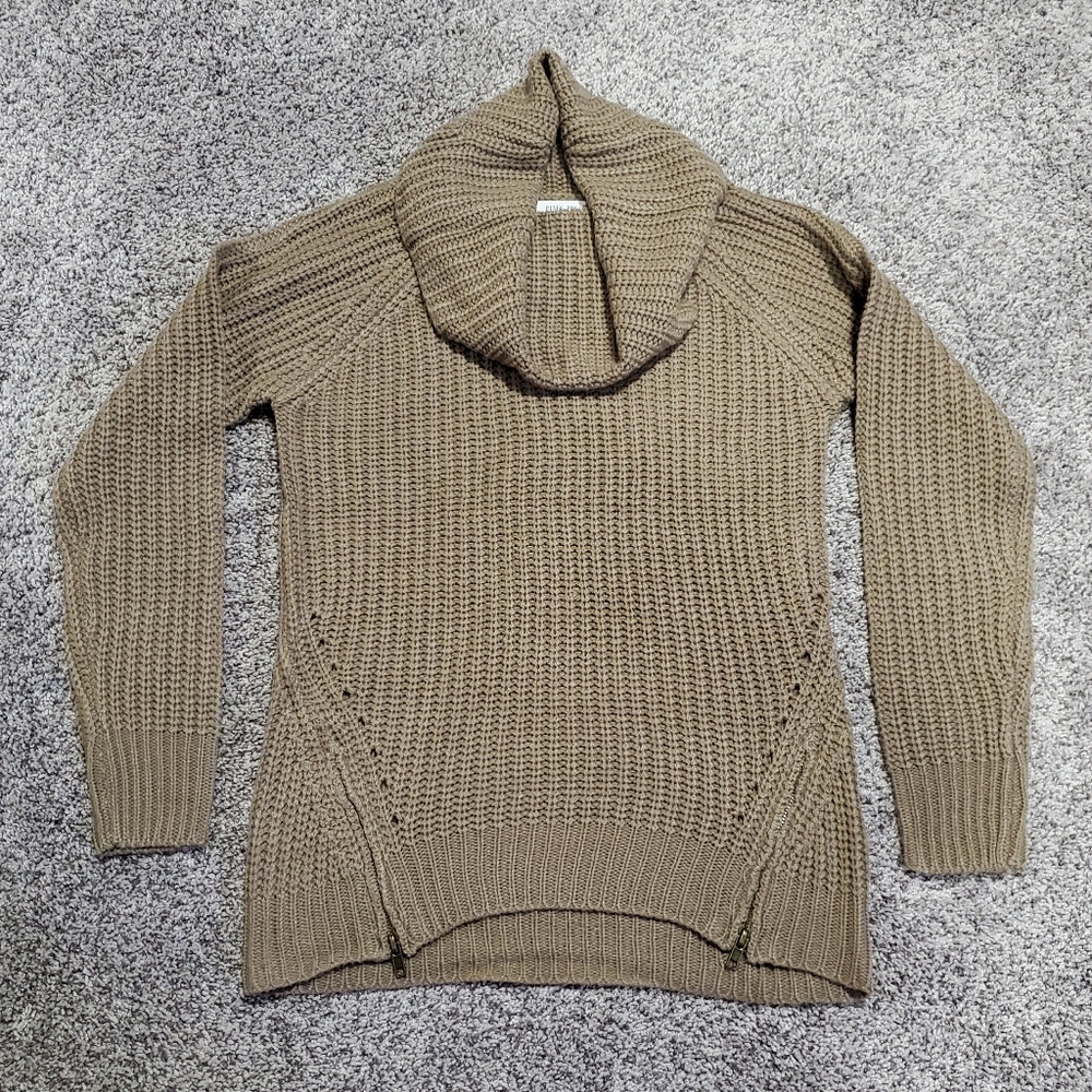 Pink Rose Cowl Neck Tan Knit Women's Sweater